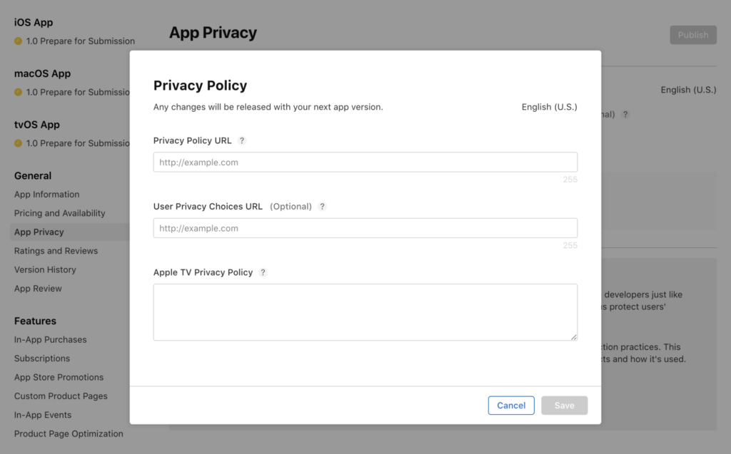  App Store Connect privacy policy fields