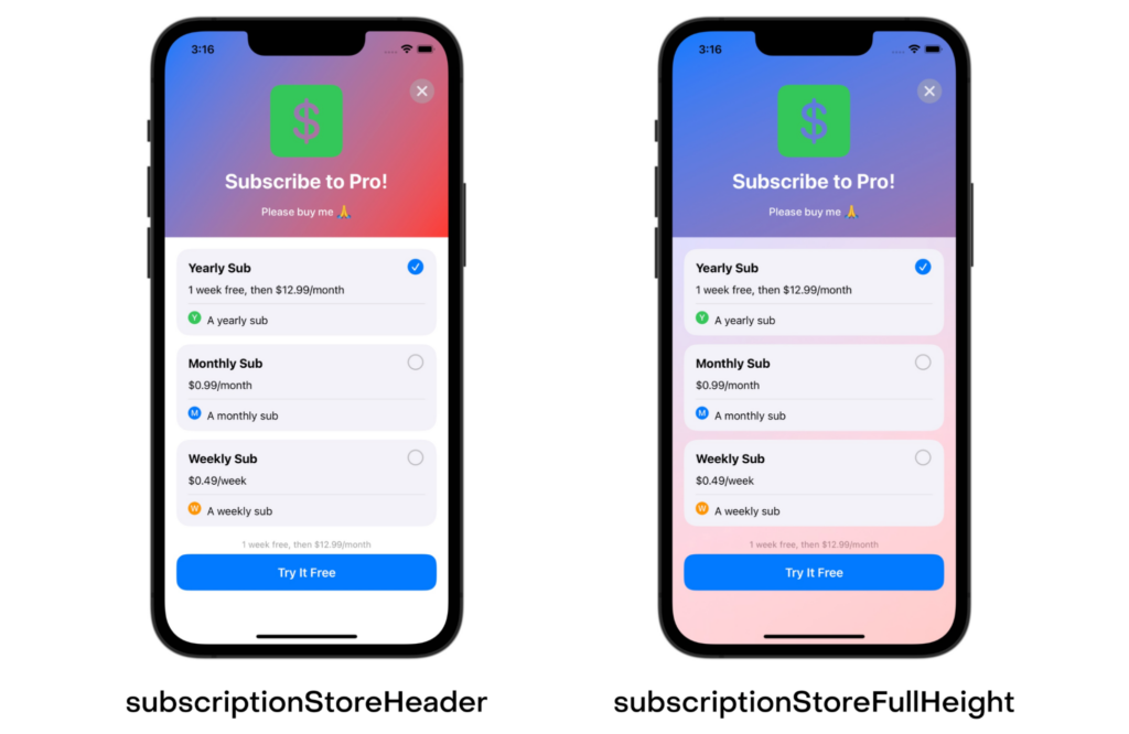 Comparison of different placement settings for containerBackground on a SubscriptionViewStore