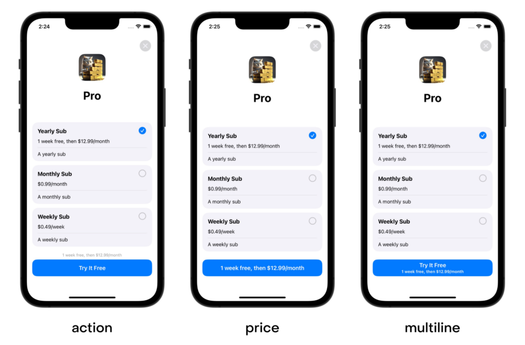 Comparison of different subscriptionStoreButtonLabel settings on SubscriptionStoreView