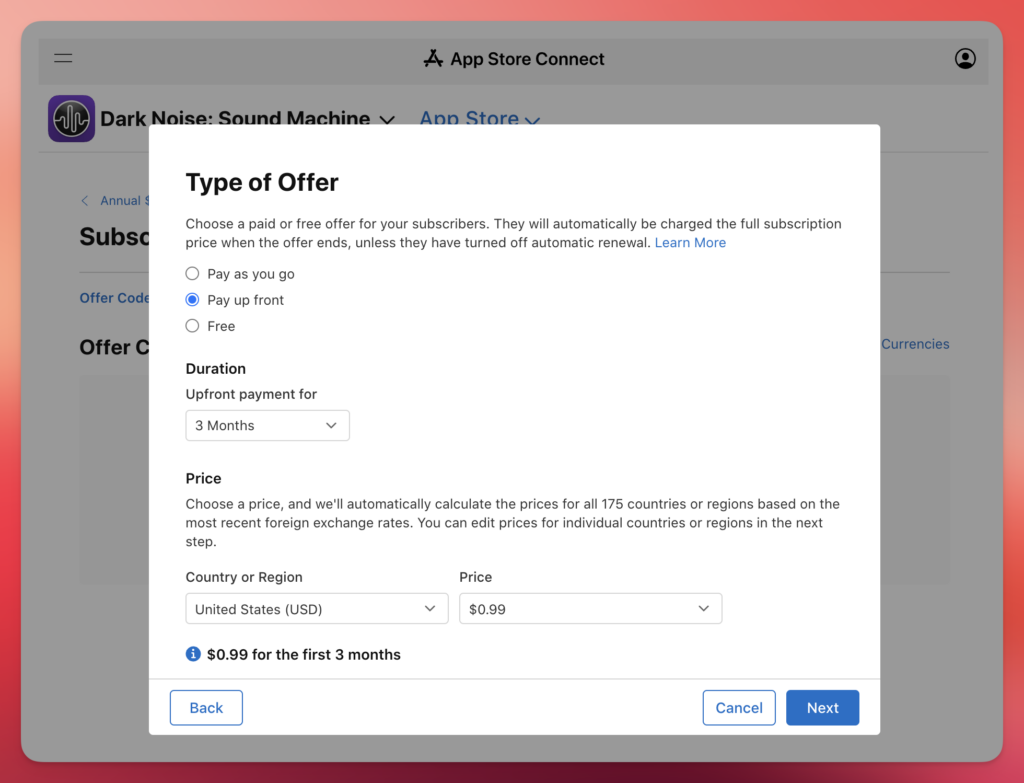 Offer Code type configuration page on App Store Connect