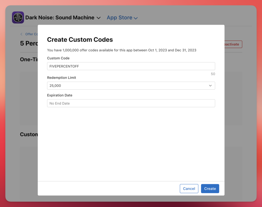 Custom Offer Code configuration page on App Store Connect