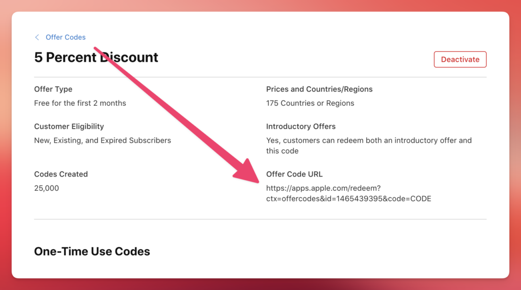 Where to find an offer code URL in App Store Connect