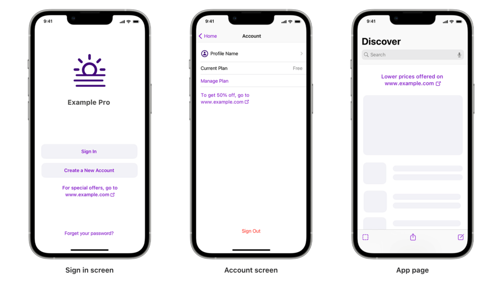 Example screens from Apple’s docs — note that you’d be able to pick one of these options. Having all three in your app would violate Apple’s “one place in your app” requirement.