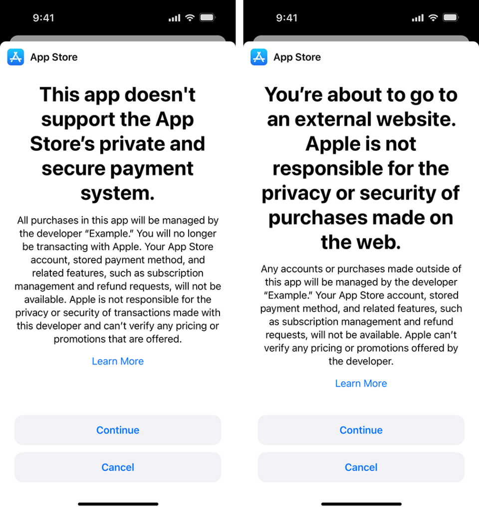 Left: For alternative purchases in app. Right: For linking out to purchases (same system as dating apps in The Netherlands and linking out in the US following the Epic case).
