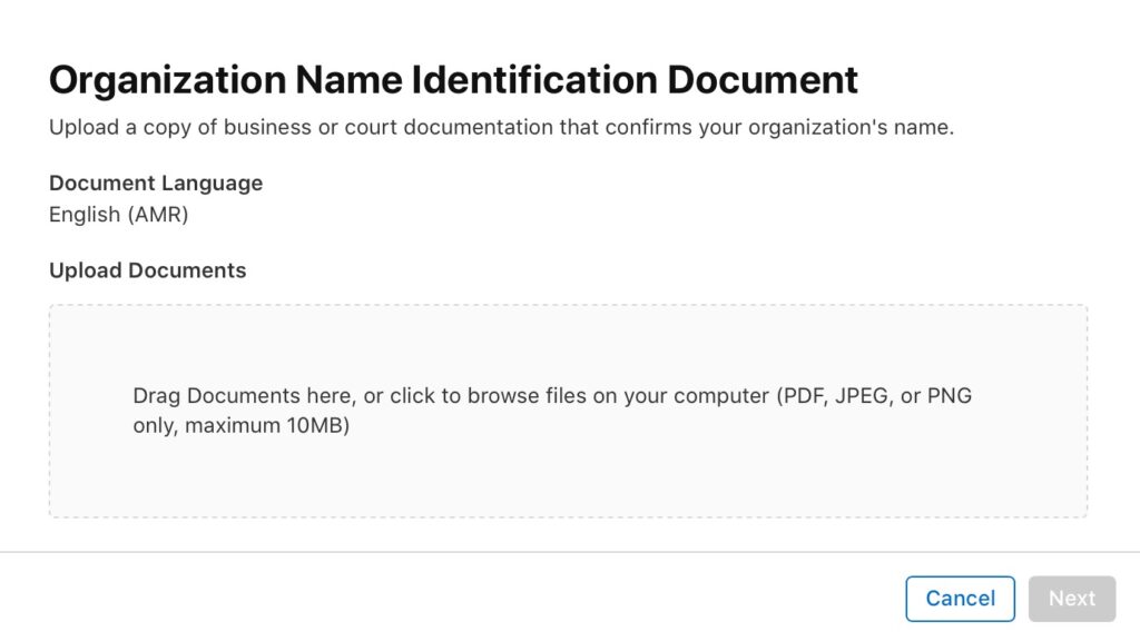 Organization Name Identification Document form in App Store Connect.
