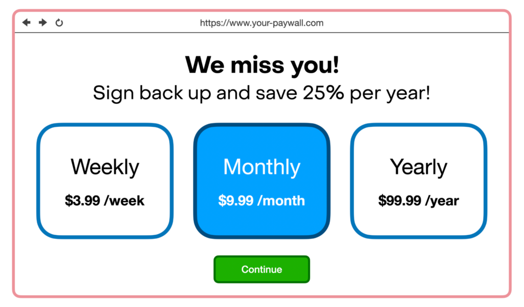 Web Paywall UI mockup that you will need to build on your website.
