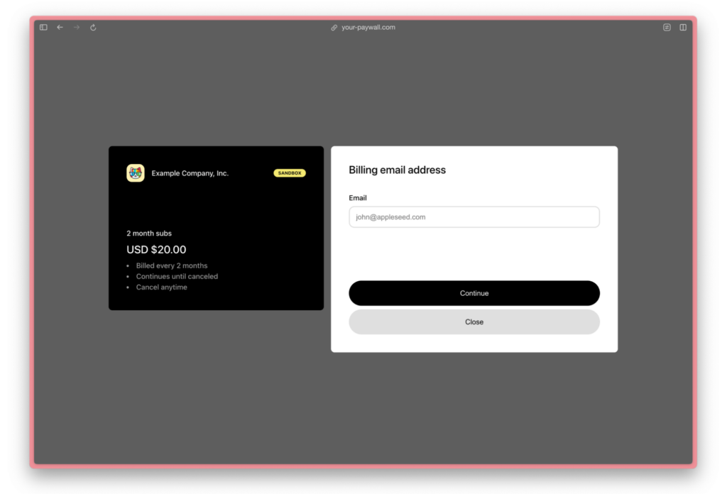 Payment modal for users to enter credit card details presented by the RevenueCat Web SDK.