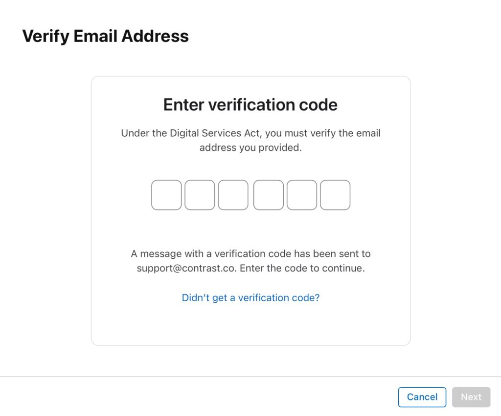 Email verification on App Store Connect.