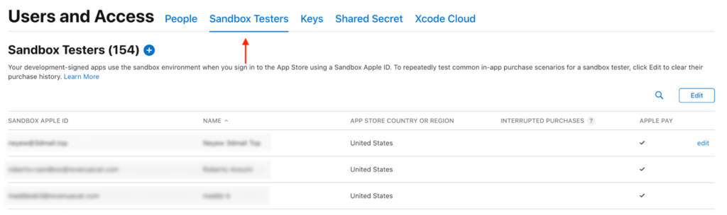 Where to find Sandbox Testers in App Store Connect.
