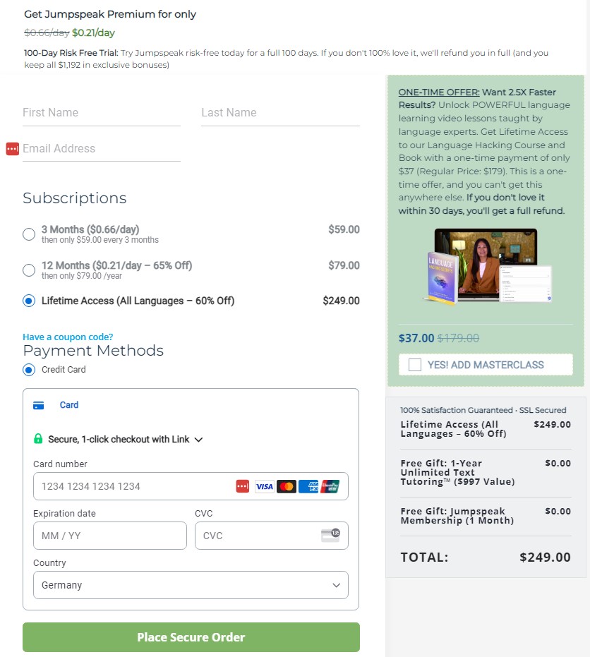 Jumpspeak web checkout