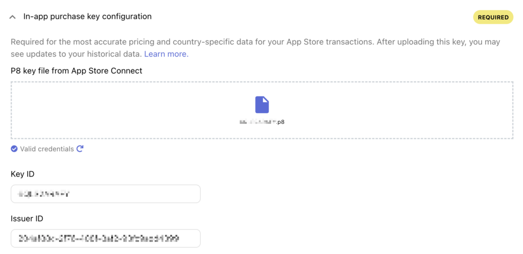 Screenshot of the section of the RevenueCat dashboard to upload your in-app purchase key configuration.