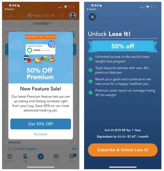 In another example from Lose It!, the app tries to get you to upgrade by tempting you with its latest premium feature. Credit: Growth Gems