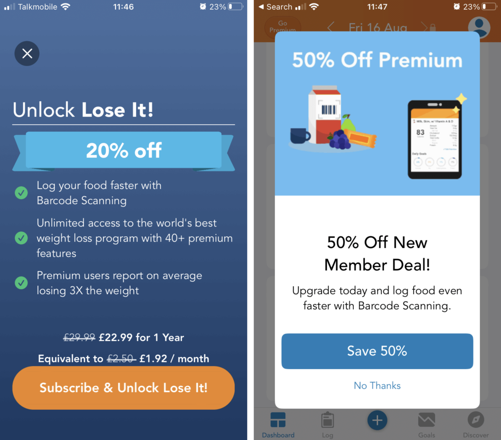 Weight loss app Lose It! offers me 20% off during onboarding if I decline the offer of a trial - upon re-entering the app moments later, I'm offered an even bigger 50% off. 