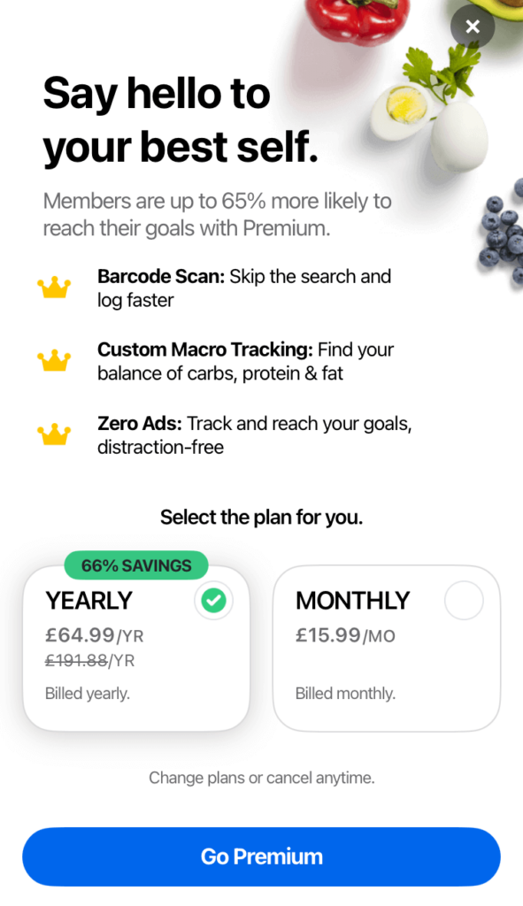 MyFitnessPal is aggressive with its attempts to get you to make a long-term commitment with premium by making its annual plan seem even more attractive.  