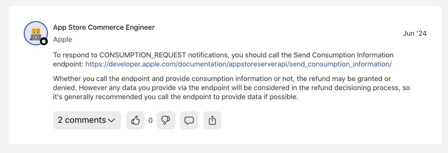 An Apple engineer responding to a thread about CONSUMPTION_REQUESTS notifications in the Apple Developer forums