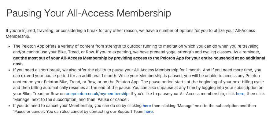 Peloton pause option offered for their app and website