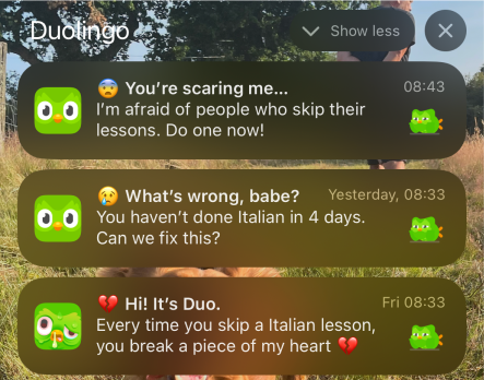 Credit: Rosie Hoggmascall- “20 days of emotional blackmail from Duolingo”