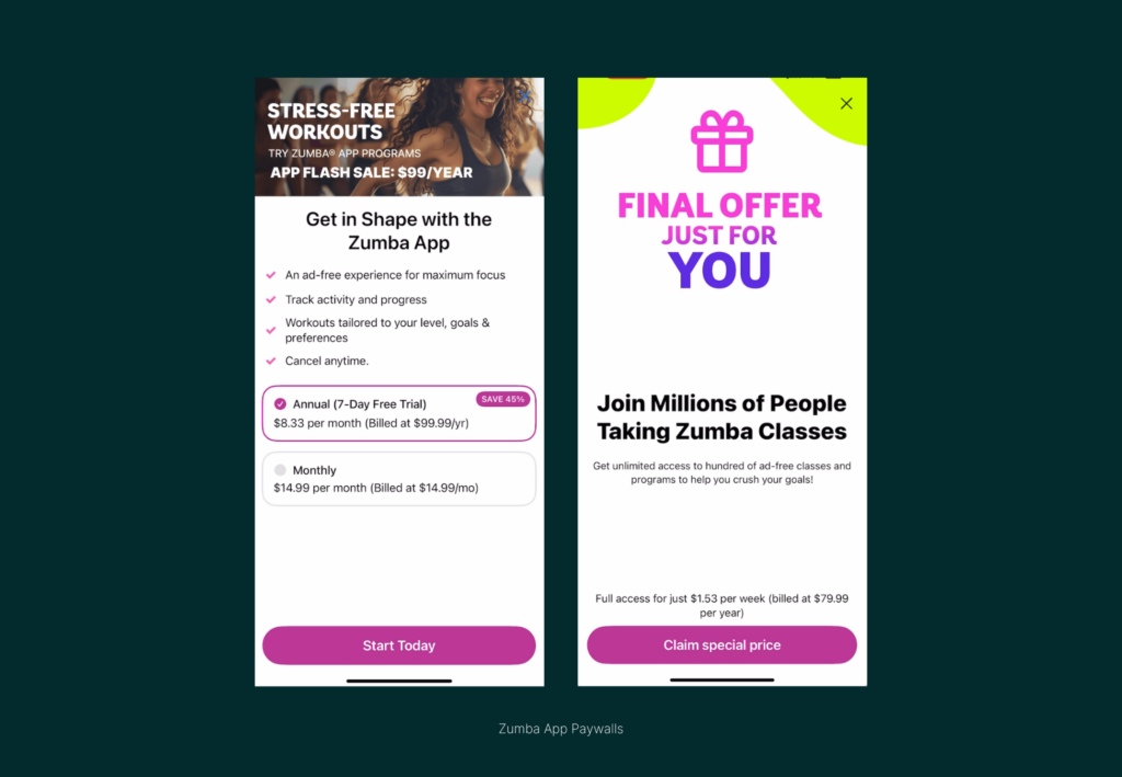 Two paywall screens from the Zumba app, highlighting a special flash sale for an annual subscription and a final offer to encourage conversion.