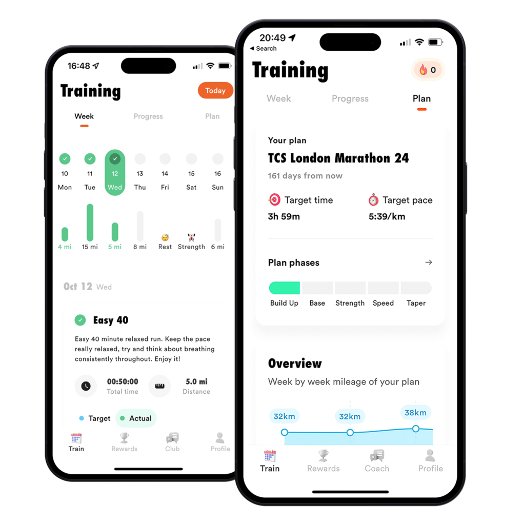 Coopah app's marathon training plan screens showing weekly mileage tracking.