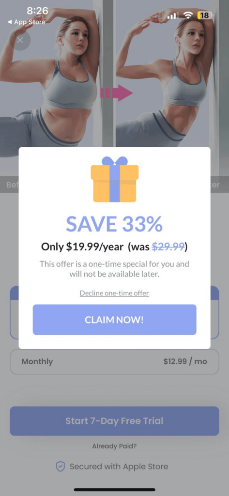 Popup in a fitness app showing a special discount offer. A large text header reads 'SAVE 33%' with a discounted yearly subscription price of $19.99/year (originally $29.99). The offer is described as a one-time special that won't be available later. Buttons include 'CLAIM NOW!' and a smaller text link to decline the offer.