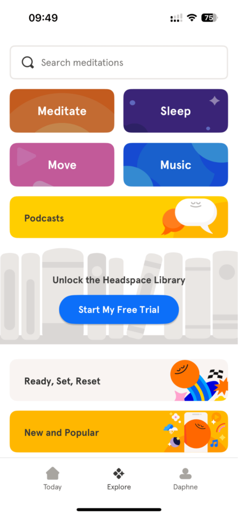 Headspace app screen showing meditation categories including Meditate, Sleep, Move, and Music.