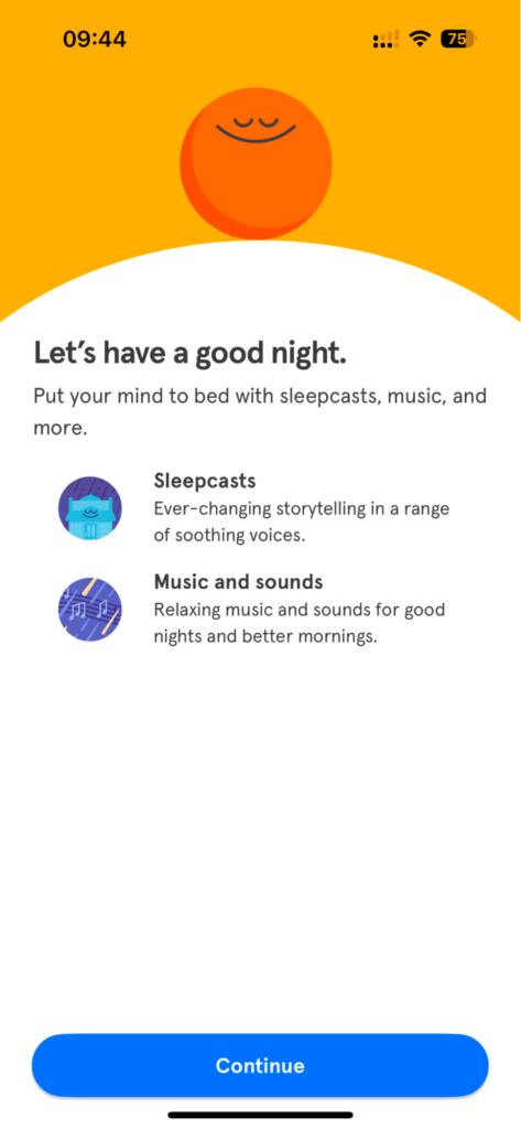 Headspace app onboarding screen prompting users with sleep-related content options.