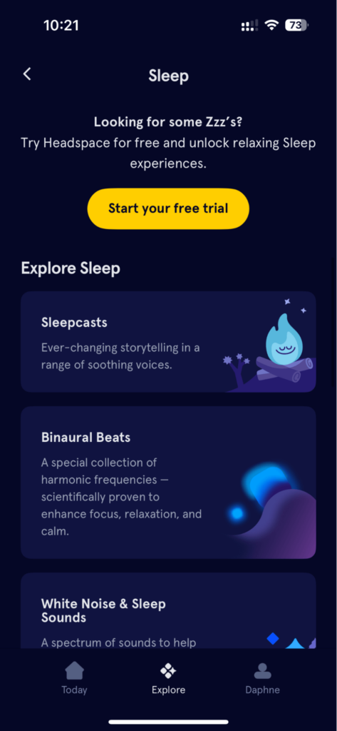 Headspace app promoting sleep features with a free trial call-to-action.