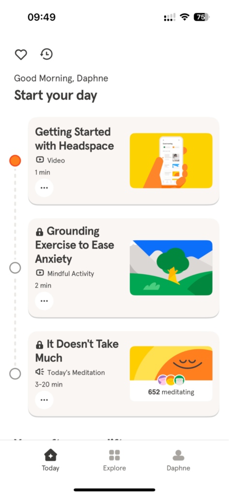 Headspace app's 'Start your day' screen featuring meditation and grounding exercises.