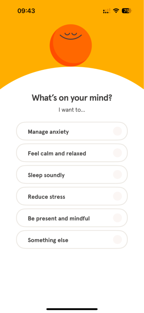 Headspace app screen asking users to select goals like managing anxiety and reducing stress.