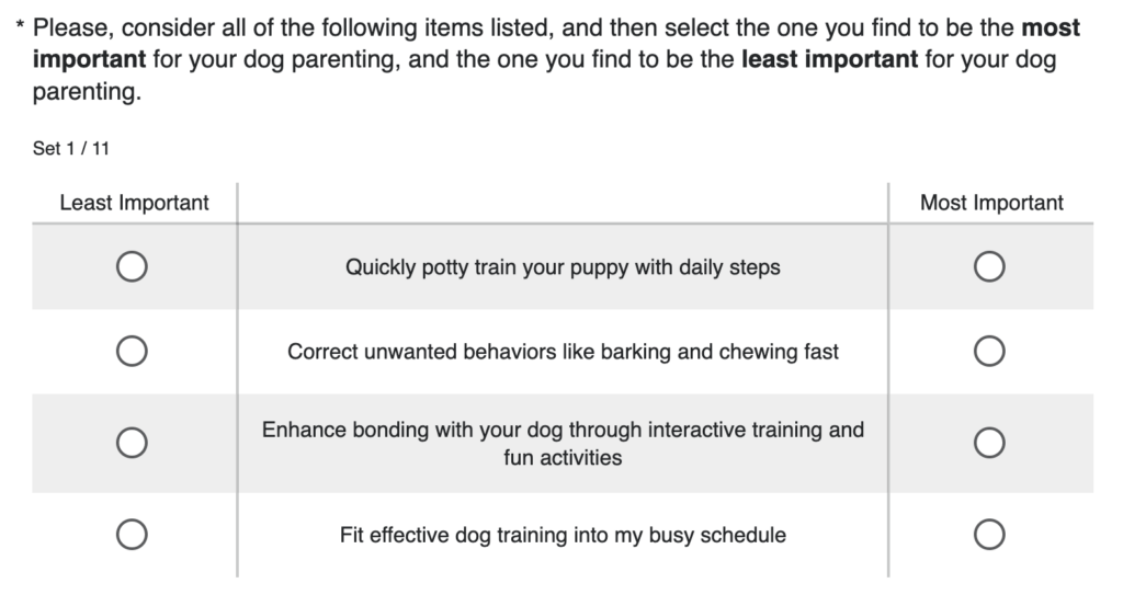 MaxDiff survey question showing four options for dog parenting priorities, asking users to select the most important and least important benefits, including potty training, behavior correction, bonding through play, and fitting training into a busy schedule.