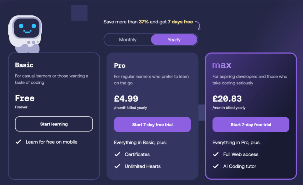 Screenshot of Mimo app’s pricing tiers, showing options for different feature packages.